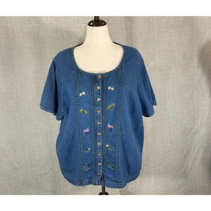 Vintage Lemon Grass Shirt Womens 24W Blue‎ Denim Embroidered Flamingo Blouse